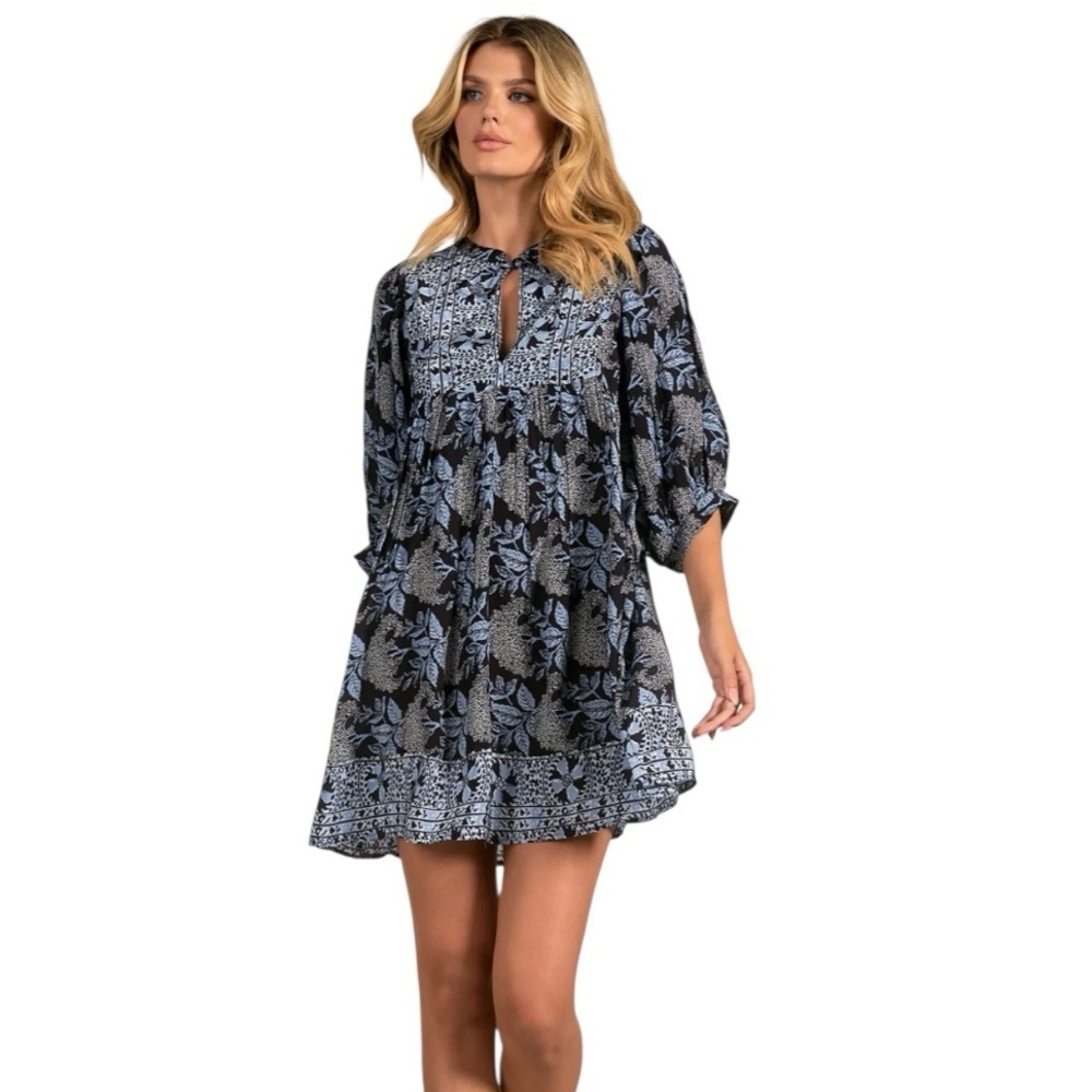 Elan Costa Floral Printed Babydoll Blue & White Cottagecore Dress S
